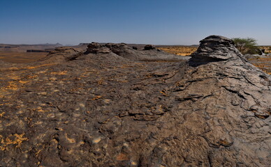 Obraz premium West Africa. Mauritania. Panorama of lava formations of ancient volcanoes on top of a destroyed plateau in the Agro Nature Park near the town of Shingetti.