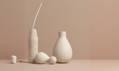  three vases and a salt shaker on a table with a pink background and a light pink wall in the background with a few white objects.  generative ai