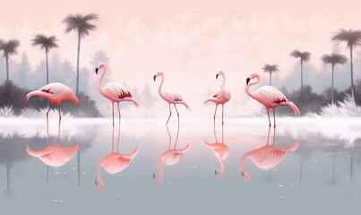  a group of pink flamingos standing in a lake with palm trees in the background and a pink sky reflected in the still water of the lake.  generative ai