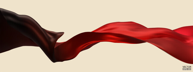 Flying gradient black to red silk textile fabric flag background. Smooth elegant red Satin Isolated on beige Background for grand opening ceremony. Red to black curtain. 3d vector illustration - obrazy, fototapety, plakaty