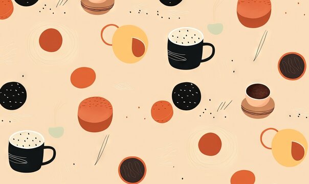  a pattern of coffee mugs and donuts on a beige background with circles of dots and circles of dots on the surface of the image.  generative ai
