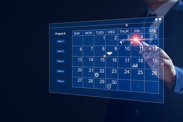 Work planning and business project management concept, virtual calendar screen and updating tasks and milestones progress planning to improve time management plan appointments, meetings efficiently