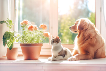 Naklejka na ściany i meble Dog and cat as best friends on the windowsill looking out window together among indoor plants. Lifestyle with pets at home. Generative Ai content
