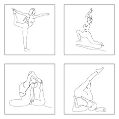 Set of four yoga girl in continue single line. Woman doing yoga fitness workout  in various poses, shape of slim girl practicing yoga stretching exercises Vector illustration Collection of yoga pose.
