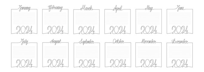 2024 year month frames backgrounds set. Hand draw vector stock illustration isolated on white background for print industry or design planner, daily, notebook. Editable stroke.