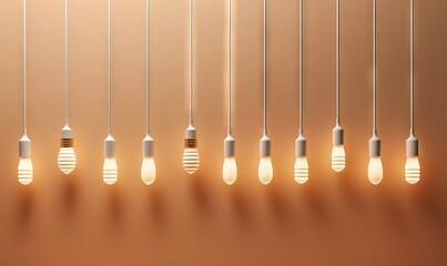  a group of light bulbs hanging from a ceiling in a room with a brown wall and a light brown wall behind them is a row of light bulbs hanging from the ceiling.  generative ai