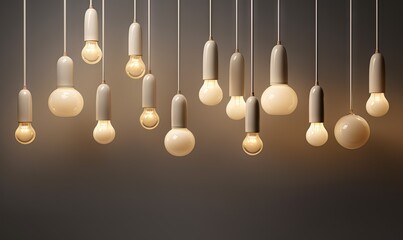  a group of light bulbs hanging from a ceiling with a brown background and a black wall in the middle of the room with the light bulbs on.  generative ai