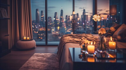 Obraz na płótnie Canvas modern design bedroom,big windows view on night city ,flowers and candles cozy room,buildings blurred light,generated ai
