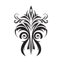 Symmetrical Tribal Tattoo Design in Black and White Featuring Intricate Patterns of Swirls, Lines, Dots, and Animal Motifs with a traditional maori shapes.