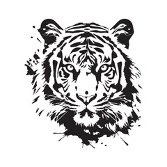 Splatter Style Black and White Illustration of a Forward Facing Tiger’s Face with Piercing Eyes and Detailed Fur