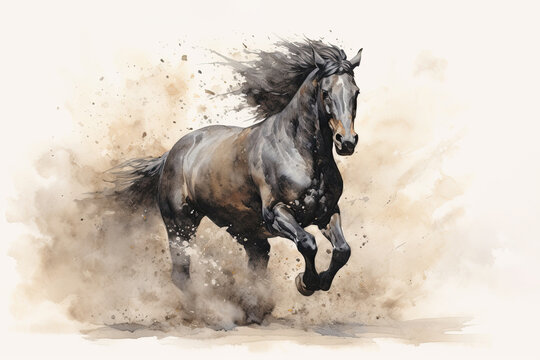 Black stallion galloping. Beautiful horse kicking up dust. Watercolour style digital illustration.