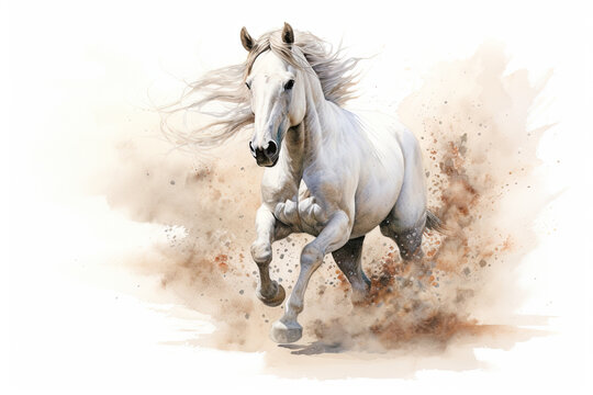 White stallion galloping. Beautiful horse kicking up dust. Watercolour style digital illustration. AI