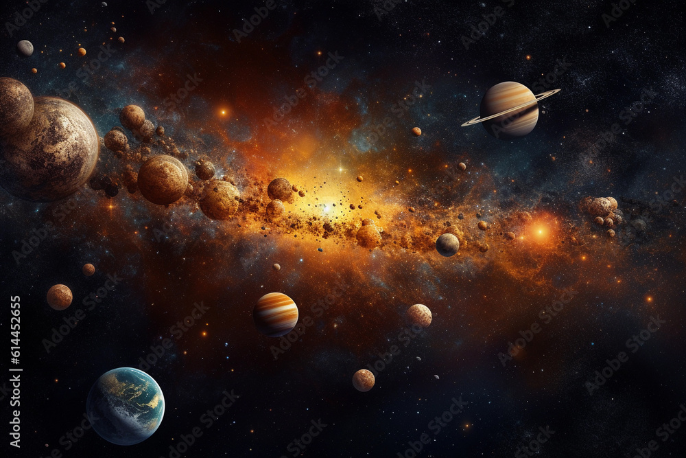 Poster solar system with many planets. generative ai