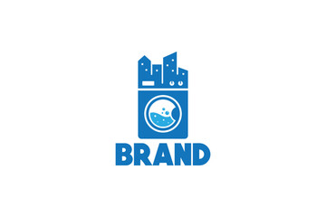 Creative logo design depicting a washer with a city skyline on top, designated to the cleaning industry.