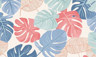 Fototapeta na wymiar a pattern of tropical leaves on a white background with blue, pink, and green leaves on the bottom of the pattern is a pink, blue, green, red, and blue, and white background is. generative ai