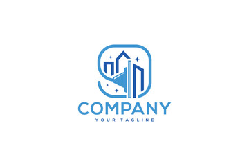 Creative logo design depicting a city with a window wiper in the center, designated to the cleaning industry.
