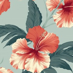  a red and white flower on a blue background with leaves and flowers in the middle of the image is a large flower with green leaves on the side of the flower.  generative ai