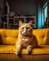 Red cat on a yellow velvet couch in a modern apartment looking at the camera