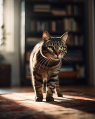 Tabby cat inside living room looking ahead, standing in front of a bookcase, daylight coming through the window