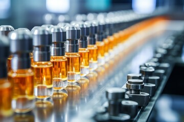 Fototapeta premium Medical vials on production line at pharmaceutical factory, Pharmaceutical machine, pharmaceutical glass bottles, production line