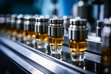 Medical vials on production line at pharmaceutical factory, Pharmaceutical machine,  pharmaceutical glass bottles, production line
