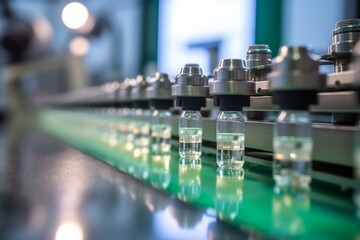 Obraz premium Medical vials on production line at pharmaceutical factory, Pharmaceutical machine, pharmaceutical glass bottles, production line