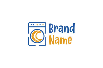 Creative logo design depicting a washer with a crescent moon in the center, designated to the cleaning industry.