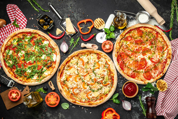 Various taste type pizza slices with different traditional filling. menu, dieting, cookbook recipe top view