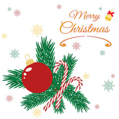 Christmas background with balls and fir branches. Greeting card with text Merry Christmas on a white background. Vector illustration of a candy cane on a Christmas tree and flying snowflakes.