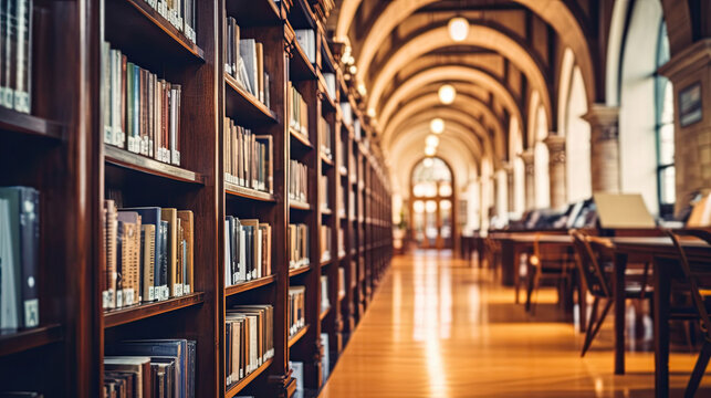View of the aisle of a library with many old books
