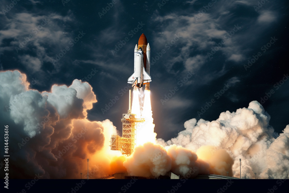 Sticker rocket taking off to space at night. generative ai
