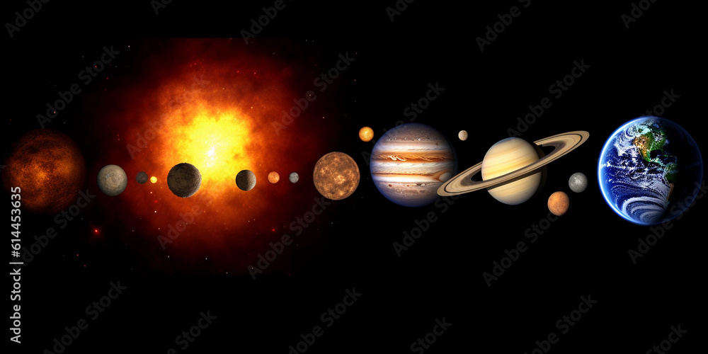 Poster solar system with many planets. generative ai