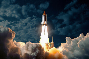 Rocket taking off to space at night. Generative AI