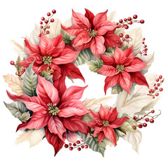 Poinsettias Wreath Watercolor Clipart, Winter Red Poinsettias, Christmas Wreath, Christmas Decoration, made with generative AI 