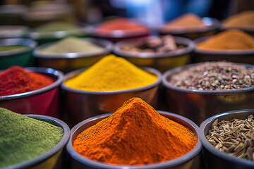 Aromatic Delights Exploring the Vibrant Colors and Flavors of Arabic Spices in an Arabian Souk. created with Generative AI