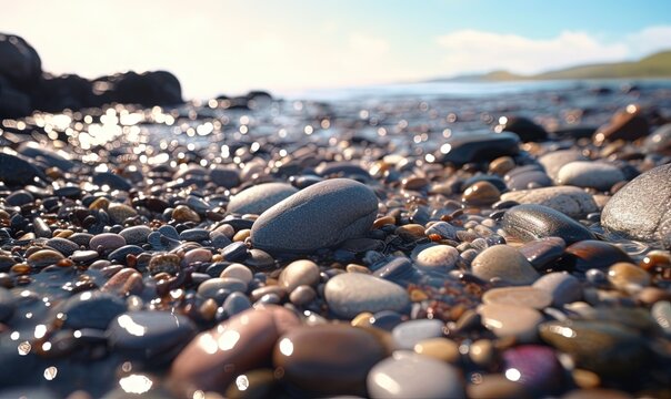  a close up of a bunch of rocks on a beach near the ocean with a sky in the backgrouund and a body of water in the background.  generative ai