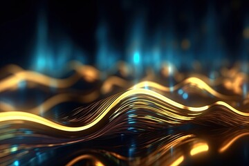 abstract futuristic background with gold blue glowing neon moving high speed wave lines and bokeh lights. Data transfer concept Fantastic wallpaper, Ai Generative