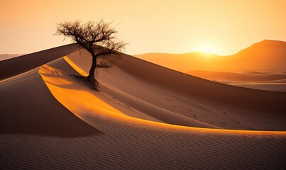  a lone tree in the middle of a desert at sunset or sunrise or sunset in the desert, with sand dunes and hills in the background.  generative ai