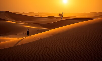Fototapeta na wymiar a lone person standing in the middle of a desert at sunset or sunrise or sunset in the desert, with a lone tree in the middle of the desert. generative ai