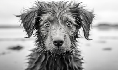  a black and white photo of a wet dog looking at the camera with a sad look on his face and eyes, with water droplets on his fur.  generative ai