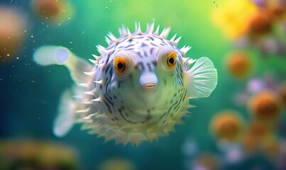 Fototapeta na wymiar a close up of a puffer fish in an aquarium with bubbles in the water and a blurry background of bubbles in the water. generative ai