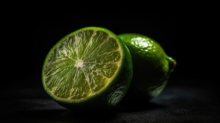 two limes isolated on black background one lime is cut in half. Generative AI