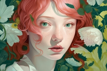 girl woman feminine background trend pastel beauty flower tender colourful face portrait. 