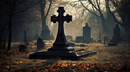 an old cross in a cemetery. halloween scary horror concept. Generative AI