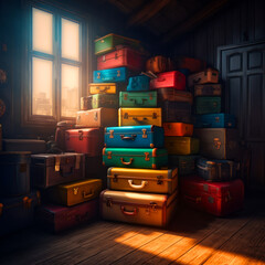 Stack of colorful suitcases. Baggage for tourism stacked one above the other. Generative AI.