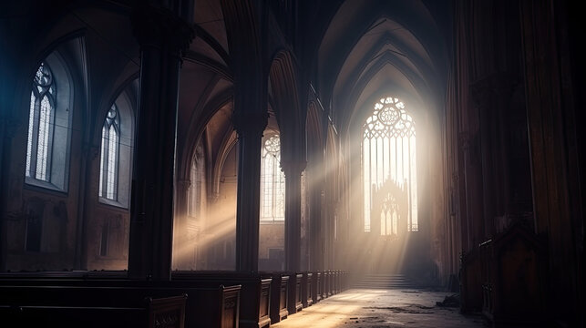 sunlight enters through a window in a church. sunbeams shine down from above. Generative AI