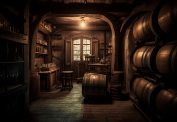 Naklejka na ściany i meble Vintage wooden storage of alcohol drinks. Wine cellar room with barrells. Generative AI.