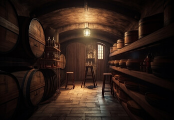 Wine cellar room with barrells. Vintage wooden storage of alcohol drinks. Generative AI.