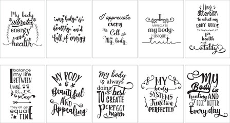 
Set of 10 doodle health affirmation quotes typography poster bundle. Affirmation phrase inspiration quote design for flyer, banner, posting, scrapbooking or journaling.