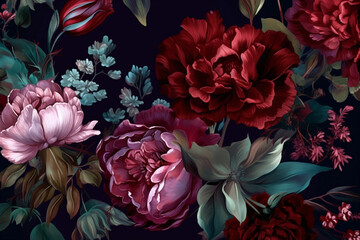Fototapeta na wymiar floral peony bouquet vintage flower dark background nature decoration wallpaper burgundy. Generative AI.
